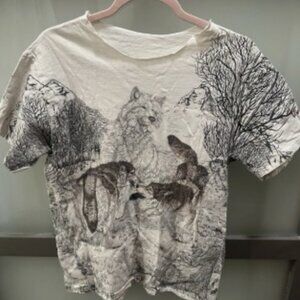 Vintage women’s Cotton Graphic Wolf Nature Short Sleeve T-Shirt tan or Black